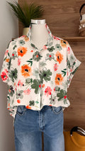 Chemise Fleurie Fond Blanc - Fleurs Kaki - 100% Polyester