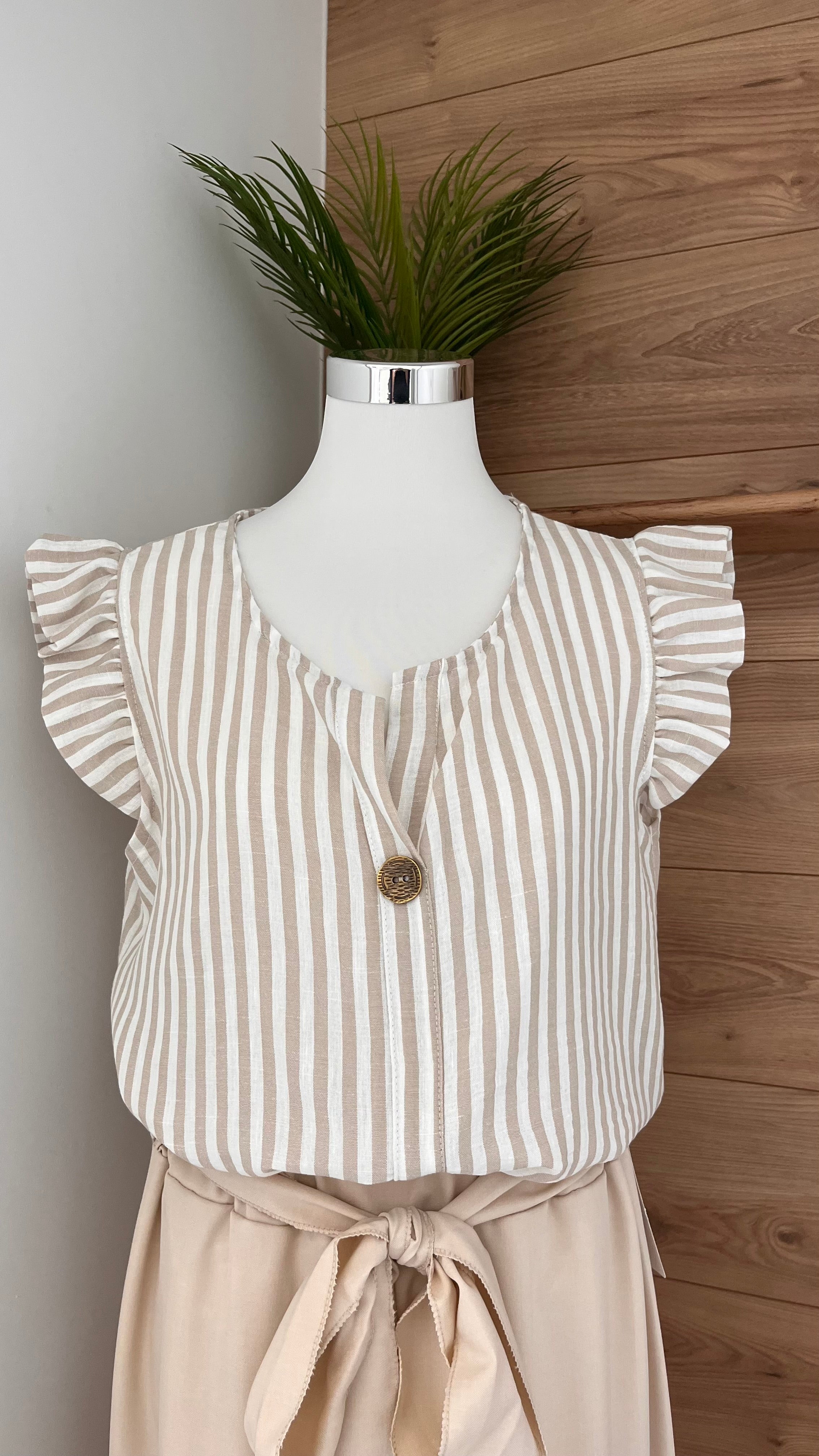 Blouse Rayée Manches Volantes Col V - 35% Coton 65% Viscose - Fabrication Italie - Du 38 au 44