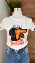 T-shirt Chien à Lunettes Col Rond Manches Courtes - 95% Coton - Fabrication Italie - Du 36 au 42