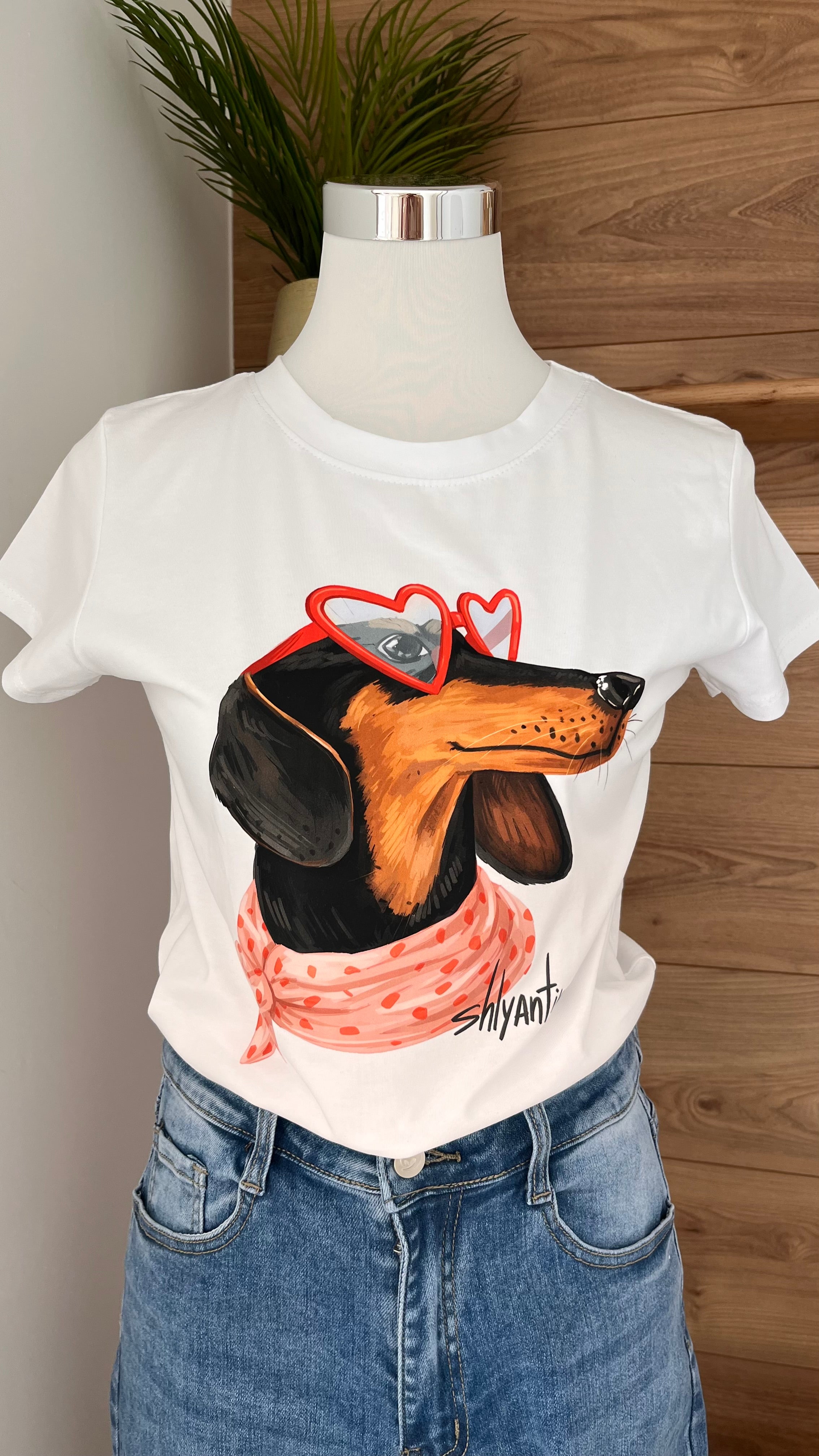 T-shirt Chien à Lunettes Col Rond Manches Courtes - 95% Coton - Fabrication Italie - Du 36 au 42